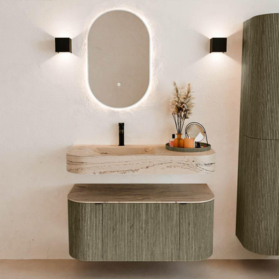 MONDIAZ THOR-DLUX 100cm meuble de salle de bains arrondi gauche + droite couleur Shadow avec 1 tiroir et 2 portes. Vasque suspendue CLOUD Gauche 1 trou de robinet couleur Arena.