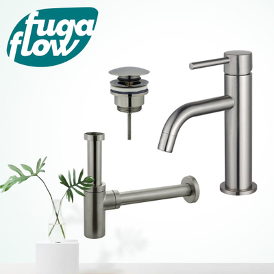 FugaFlow Eccelente Sobrado Slim Slim Kit mitigeur lavabo - robinet bas - bonde clic clac - siphon design - PVD Inox brossé