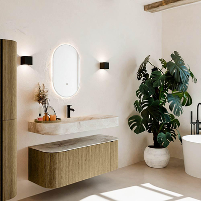 MONDIAZ THOR-DLUX 120cm meuble de salle de bains arrondi gauche + droite couleur Dusk avec 1 tiroir et 2 portes. Vasque suspendue CLOUD Milieu 1 trou de robinet couleur Frappe.