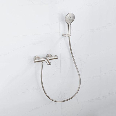 Fortifura Calvi Robinet de baignoire thermostatique avec douchette ronde, support et flexible lisse Inox brossé PVD
