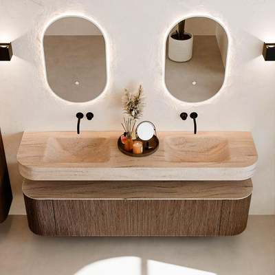 MONDIAZ THOR-DLUX 180cm badmeubel ronding links + rechts kleur Walnut met 2 lades en 2 deuren. Vrijhangende wastafel CLOUD Dubbel zonder kraangat kleur Saba.