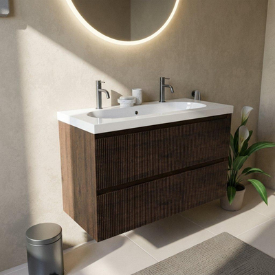 Saniclass Holz Atelier Ensemble meuble de salle de bains - 100x45x63.5cm - lavabo en céramique Palermo blanc - 1 vasque - 2 trous de robinetterie - 2 tiroirs - chêne charcoal mat (bois)