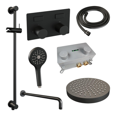 BRAUER Stripe Douche de tête thermostatique encastrée - boutons-poussoirs - SET 35 - pomme de douche 25cm - bras mural courbé - douchette 3 positions - flexible de douche - barre coulissante intégrée - noir mat