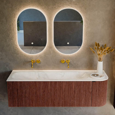 Mondiaz KURVE-DLUX Ensemble meuble de salle de bains - 145x46x40cm - 1 tiroir - 1 porte - lavabo solid surface - gauche - sans trou de robinet - Ruby