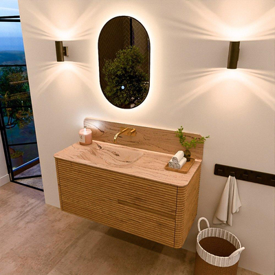 Mondiaz CIRO-DLUX Badkamermeubelset - 110x45x50cm - Solid surface wastafel Arena - 1 wasbak Links - zonder kraangaten - 2 lades - Oak