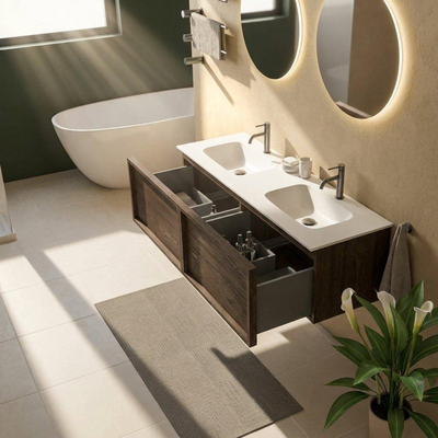 Saniclass Holz Frame Ensemble de meubles de salle de bains - 140x45x41.5cm - lavabo Flow en solid surface blanc - 2 vasques - 2 trous de robinetterie - 2 tiroirs - chêne charcoal mat (bois)