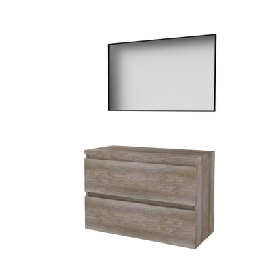 Basic-Line ensemble de meubles de salle de bains 100x46cm sans poignée 2 tiroirs plan vasque miroir cadre aluminium noir mat tout autour mfc scotch oak