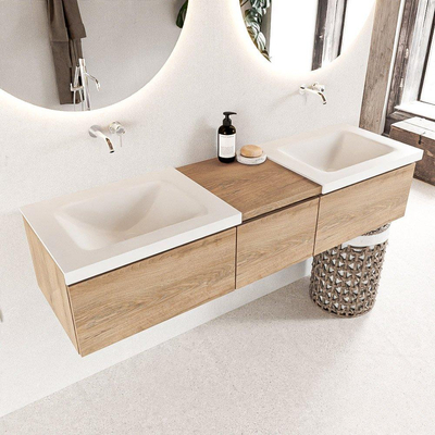 MONDIAZ BUKLA meuble de salle de bain 160cm avec module 40 couleur Chêne blanchi avec 3 tiroirs. Lavabo CLOUD double 0 trou de robinet couleur Talc.