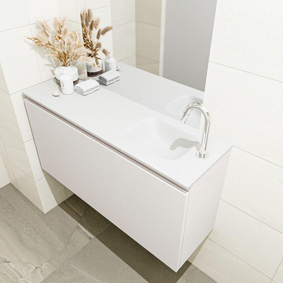 MONDIAZ OLAN Fonteinset - 100x30x40cm - 1 kraangat - 1 lade - linen mat - wasbak rechts - Solid Surface Wit