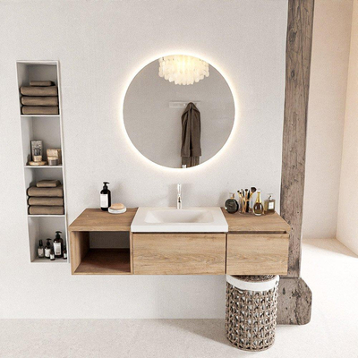 MONDIAZ BUKLA 140cm ensemble de meuble avec module ouvert 40 gauche couleur Chêne blanchi avec 2 tiroirs. Lavabo CLOUD centre 1 trou de robinet couleur Talc.