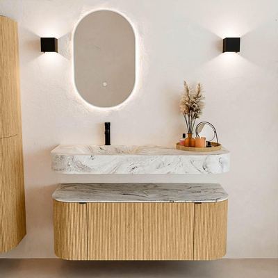 MONDIAZ THOR-DLUX 120cm meuble de salle de bains arrondi gauche + droite couleur Chêne avec 1 tiroir et 2 portes. Vasque suspendue CLOUD Gauche 1 trou de robinet couleur Glace.