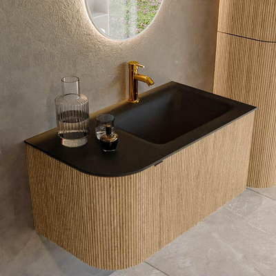 MONDIAZ KURVE Meuble de salle de bains 85 cm avec module 25 L couleur Chêne avec 1 tiroir et 1 porte. Lavabo CLOUD droite 1 trou de robinet Urban.