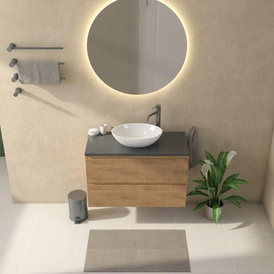 Saniclass Holz Atelier Ensemble de meubles de salle de bains - 100x45x63cm - Plan vasque en basalte Noche poli (noir) - 1 trou de robinetterie - 2 tiroirs - chêne natural mat (bois)