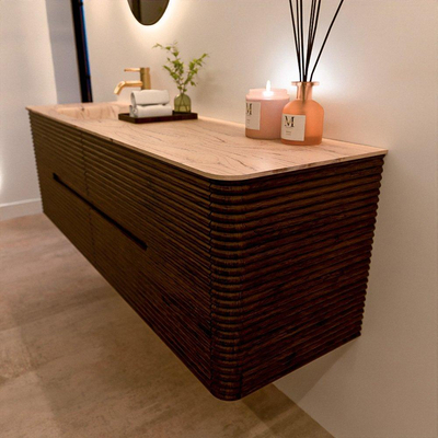 Mondiaz CIRO-DLUX Ensemble de meubles de salle de bains - 160x45x50cm - Plan-vasque solid surface Arena - 1 vasque à gauche - 1 trou de robinetterie - 4 tiroirs - Noyer