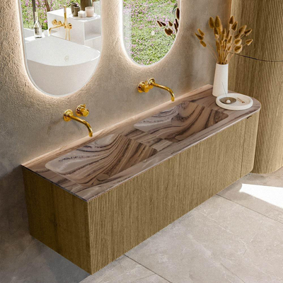 MONDIAZ KURVE-DLUX meuble de salle de bains 145cm arrondi à droite couleur Dusk avec 1 tiroir et 1 porte. Lavabo LEAF Double / gauche sans trou de robinet Sombra.