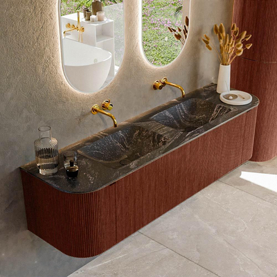 Ensemble de meuble de salle de bain Mondiaz KURVE-DLUX - 170x46x40cm - 1 tiroir - 2 portes - lavabo en solid surface - double - sans trou de robinet - Ruby