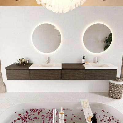 MONDIAZ BUKLA 280cm ensemble de meuble avec module 60 à droite couleur Marron Foncé avec 4 tiroirs. Lavabo CLOUD double 2 trous de robinet couleur Talc.