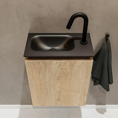 MONDIAZ TURE Fonteinset - 40x23x50cm - 1 kraangat - 1 deur - washed oak mat - Wasbak links - Solid Surface Zwart
