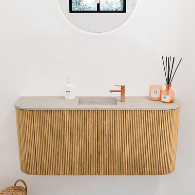 Mondiaz JOYA-DLUX 93.2cm toiletmeubel - ronding links en rechts kleur Oak - Wastafel FAYE positie Midden 1 kraangat kleur Opalo.