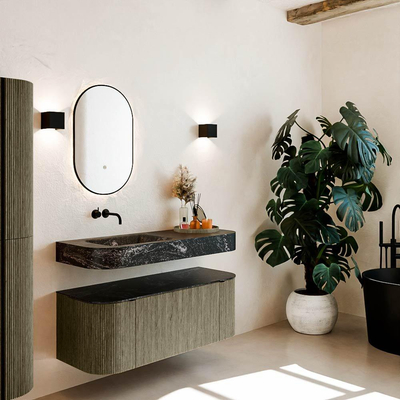 MONDIAZ THOR-DLUX 120cm meuble de salle de bains arrondi gauche + droite couleur Shadow avec 1 tiroir et 2 portes. Vasque suspendue CLOUD Gauche sans trou de robinet couleur Lava.