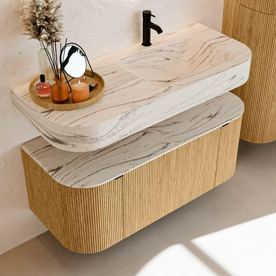 MONDIAZ THOR-DLUX 110cm badmeubel ronding links + rechts kleur Oak met 1 lade en 2 deuren. Vrijhangende wastafel CLOUD Rechts 1 kraangat kleur Nata.