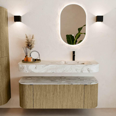 MONDIAZ THOR-DLUX 130cm meuble de salle de bains arrondi gauche + droite couleur Dusk avec 1 tiroir et 2 portes. Vasque suspendue CLOUD Droite 1 trou de robinet couleur Glace.