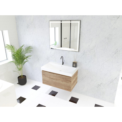 HR Matrix ensemble meuble de salle de bain 3d 80cm 1 tiroir sans poignée avec bandeau de poignée en chêne français avec lavabo 1 seul trou de robinetterie blanc