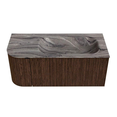 MONDIAZ KURVE-DLUX 105cm badmeubel ronding Links kleur Walnut met 1 lade en 1 deur. Wastafel BIG SMALL Rechts 1 kraangat Sombra.
