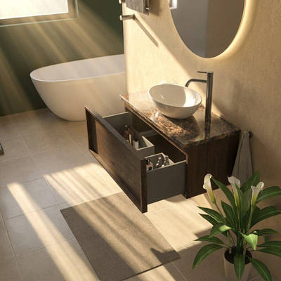 Saniclass Holz Frame Ensemble meuble de salle de bains - 100x45x43cm - Plan de toilette en pierre naturelle Noche dark emperador - 1 trou de robinet - 1 tiroir - chêne charcoal mat (bois)