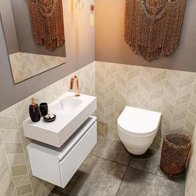 MONDIAZ ANDOR Toiletmeubel - 60x30x30cm - 1 kraangat - 1 lades - talc mat - wasbak rechts - Solid surface - Wit
