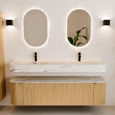 MONDIAZ THOR-DLUX Meuble de salle de bains 170cm arrondi gauche + droite couleur Oak avec 1 tiroir et 2 portes. Vasque suspendue CLOUD Double 2 trous de robinet couleur Nata.