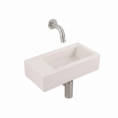 QeramiQ Fuente Fontein - 38x18.5x9cm - keramiek - zonder fonteinkraangat - fonteinkraan geborsteld RVS - verlaagd sifon - afvoerplug - linnen