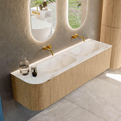 MONDIAZ KURVE-DLUX meuble de salle de bains 165 cm avec module 25 L couleur Oak avec 2 tiroirs et 1 porte. Lavabo STOR SMALL double / à droite sans trou de robinet couleur Frappe.