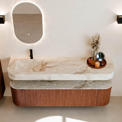 MONDIAZ THOR-DLUX 170cm meuble de salle de bains arrondi gauche + droite couleur Ruby avec 1 tiroir et 2 portes. Vasque suspendue CLOUD Gauche 1 trou de robinet couleur Frappe.