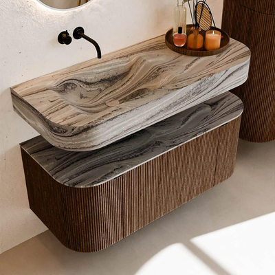 MONDIAZ THOR-DLUX Meuble de salle de bains 110cm arrondi gauche + droite couleur Walnut avec 1 tiroir et 2 portes. Vasque suspendue CLOUD Gauche sans trou de robinet couleur Sombra.