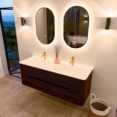 Mondiaz CIRO-DLUX Badkamermeubelset - 140x45x50cm - Solid surface wastafel Opalo - 2 wasbak Dubbel - 2 kraangaten - 4 lades - Walnut