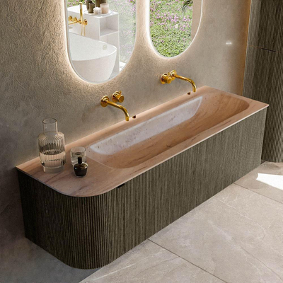 MONDIAZ KURVE-DLUX Meuble de salle de bains 145cm arrondi à gauche couleur Shadow avec 1 tiroir et 1 porte. Lavabo BIG LARGE à droite sans trou de robinet Saba.