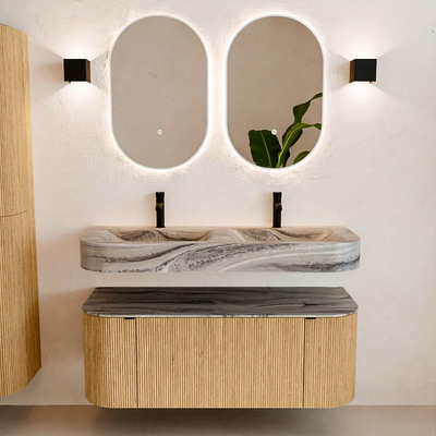 MONDIAZ THOR-DLUX 120cm meuble de salle de bains arrondi gauche + droite couleur Oak avec 1 tiroir et 2 portes. Vasque suspendue CLOUD Double 2 trous de robinet couleur Sombra.