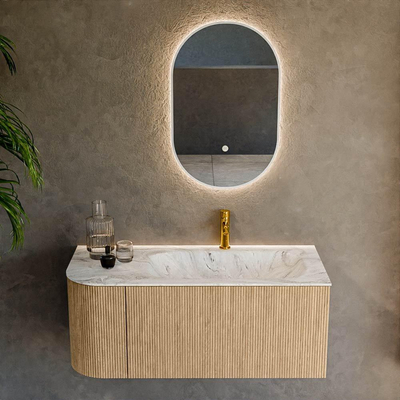 MONDIAZ KURVE-DLUX 105cm Meuble salle de bain avec module 25 G - couleur Oak - 1 tiroir - 1 porte - vasque BIG SMALL droite - 1 trou de robinet - couleur Glace