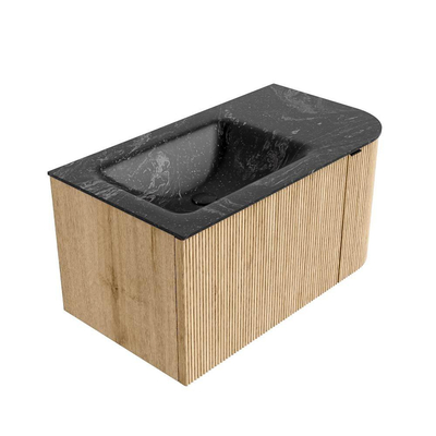 MONDIAZ KURVE-DLUX Meuble de salle de bains 85 cm avec module 25 R couleur Chêne avec 1 tiroir et 1 porte. Lavabo CLOUD gauche 1 trou de robinet couleur Lava.