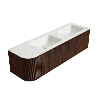 MONDIAZ KURVE-DLUX 155cm badmeubel met module 25 L kleur Walnut met 2 lades en 1 deur. Wastafel LEAF dubbel / rechts zonder kraangat kleur Ostra.