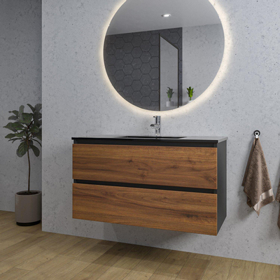 Adema Industrial 2.0 Ensemble de meuble 100x45x55cm avec vasque noire en céramique 1 trou de robinet avec trop-plein et miroir bois/noir