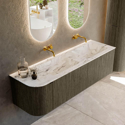 Mondiaz KURVE-DLUX Ensemble de meuble de salle de bains - 155x46x40cm - 2 tiroirs - 1 porte - vasque solid surface - double / droite - sans trou de robinet - Shadow