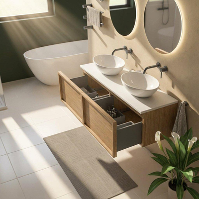Saniclass Holz Frame Ensemble meuble de salle de bains - 140x45x42.5cm - Plan de travail Torino en solid surface blanc - sans trou de robinet - 2 tiroirs - chêne naturel mat (bois)