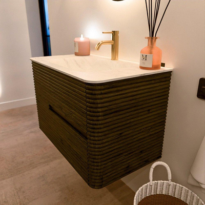 Mondiaz CIRO-DLUX Badkamermeubelset - 80x45x50cm - Solid surface wastafel Opalo - 1 wasbak Midden - 1 kraangat - 2 lades - Shadow