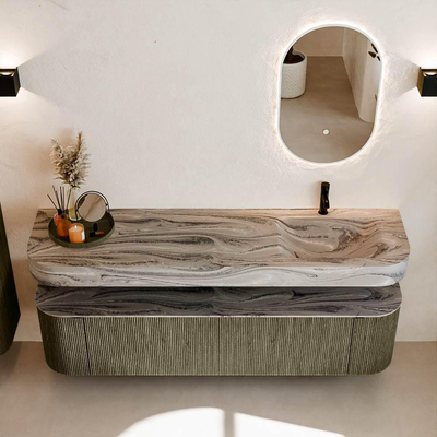 MONDIAZ THOR-DLUX 180cm badmeubel ronding links + rechts kleur Shadow met 2 lades en 2 deuren. Vrijhangende wastafel CLOUD Rechts 1 kraangat kleur Sombra.