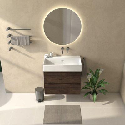 Saniclass Holz Atelier Ensemble meuble de salle de bains - 80x45x72cm - lavabo Legend en céramique blanc - 1 vasque - sans trou de robinet - 2 tiroirs - chêne charcoal mat (bois)