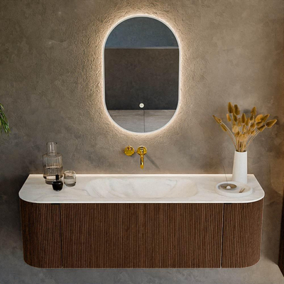 MONDIAZ KURVE-DLUX 140cm badmeubel met module 25 Len R kleur Walnut met 1 lade en 2 deuren. Wastafel BIG SMALL midden zonder kraangat kleur Ostra.