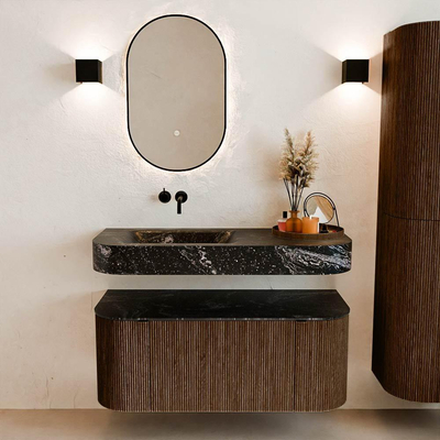 MONDIAZ THOR-DLUX 110cm badmeubel ronding links + rechts kleur Walnut met 1 lade en 2 deuren. Vrijhangende wastafel CLOUD Links zonder kraangat kleur Lava.