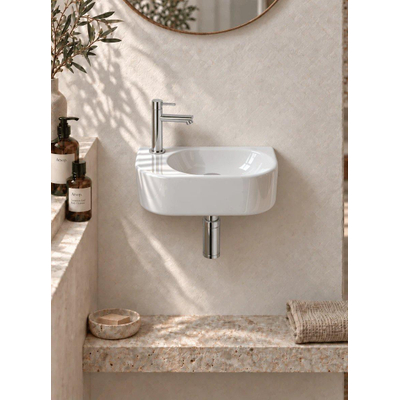 QeramiQ Fuente fonteinset – halfrond – 40x21.5x12 cm – keramiek wit glans – kraangat links – chromen kraan